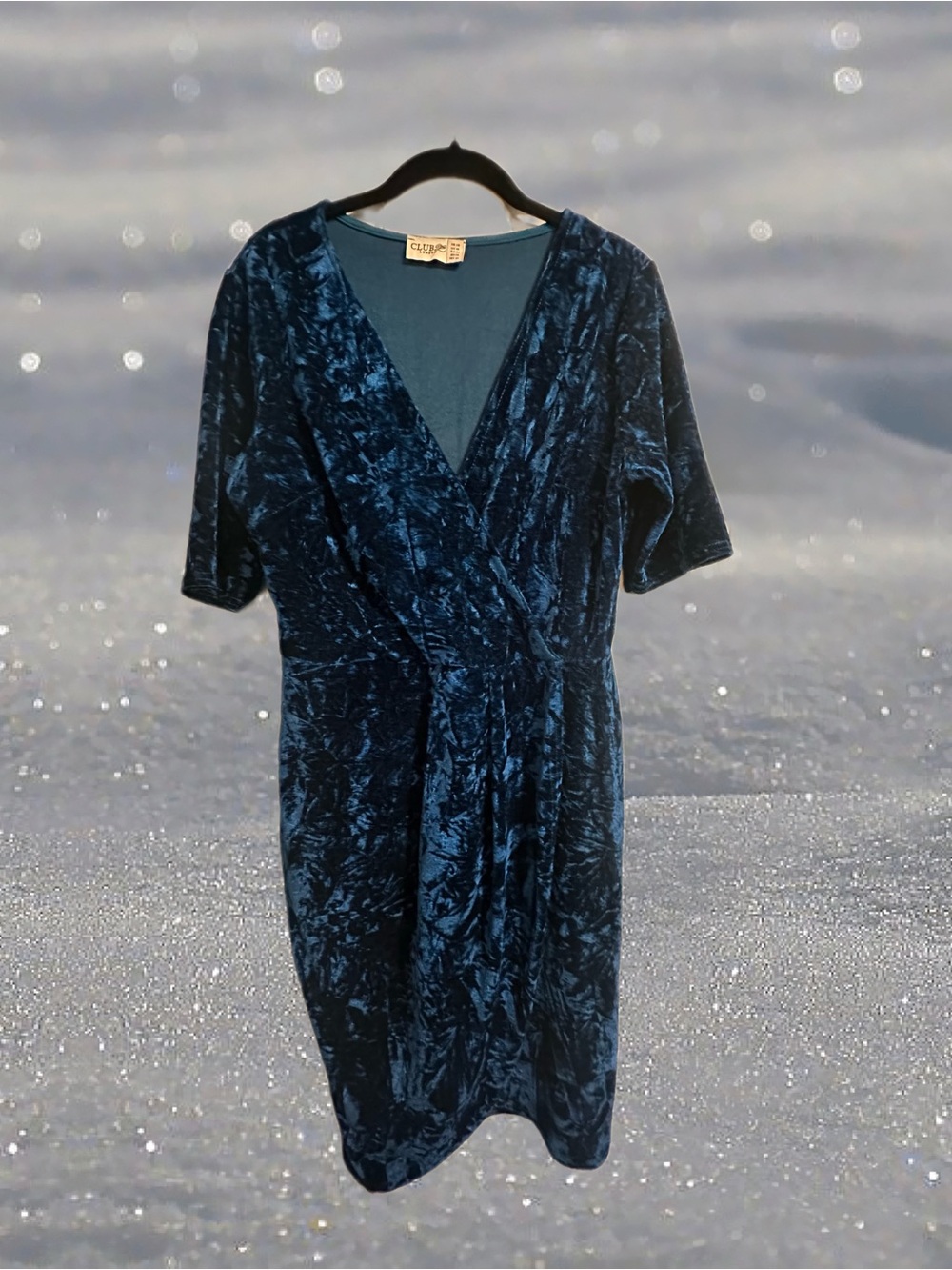 Crushed Velvet Elastic “Wrap” Dress - Deep Blue Elbow Length Sleeve - Holiday